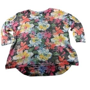 Nally & Millie USA Women's Large Floral Top Lightweight Knit 3/4 Sleeve Made USA